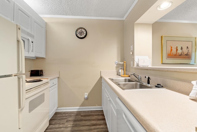 415 Ocean Creek Dr Unit 2243, Myrtle Beach, SC 29572 - kitchen with white appliances, a textured ceiling, dark wood finished floors, ornamental molding, and white cabinetry