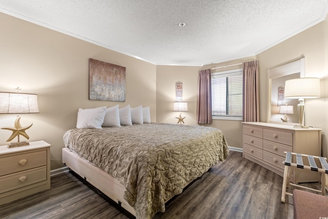 415 Ocean Creek Dr Unit 2243, Myrtle Beach, SC 29572 - bedroom with a textured ceiling, dark wood-type flooring, and ornamental molding