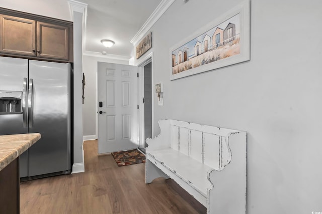 1514-B S Ocean Blvd, Surfside Beach, SC 29575 - kitchen featuring stainless steel fridge with ice dispenser, wood finished floors, crown molding, and light countertops