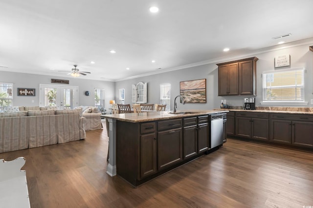 1514-B S Ocean Blvd, Surfside Beach, SC 29575 - kitchen with open floor plan, dishwasher, dark wood-style floors, dark brown cabinetry, and recessed lighting