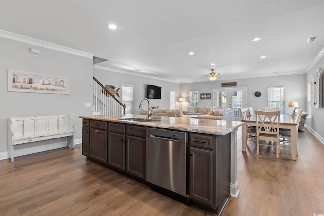 1514-B S Ocean Blvd, Surfside Beach, SC 29575 - kitchen featuring dishwasher, ceiling fan, ornamental molding, dark brown cabinetry, and recessed lighting