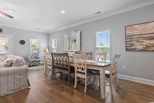 1514-B S Ocean Blvd, Surfside Beach, SC 29575 - dining room with ceiling fan, crown molding, wood finished floors, and recessed lighting