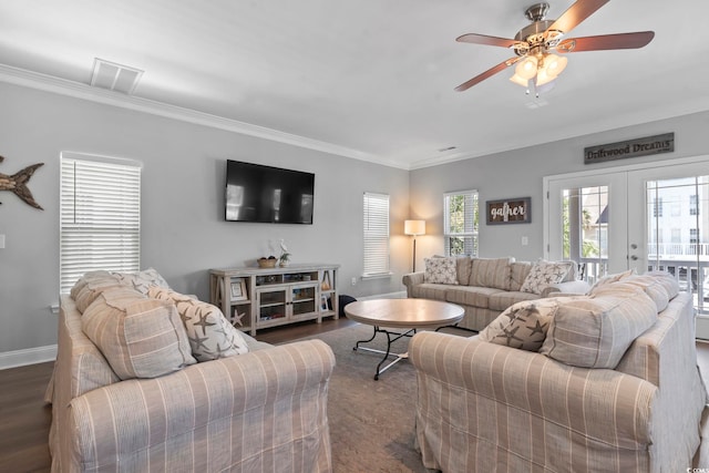 1514-B S Ocean Blvd, Surfside Beach, SC 29575 - living area with dark wood-style flooring, ornamental molding, french doors, and a ceiling fan