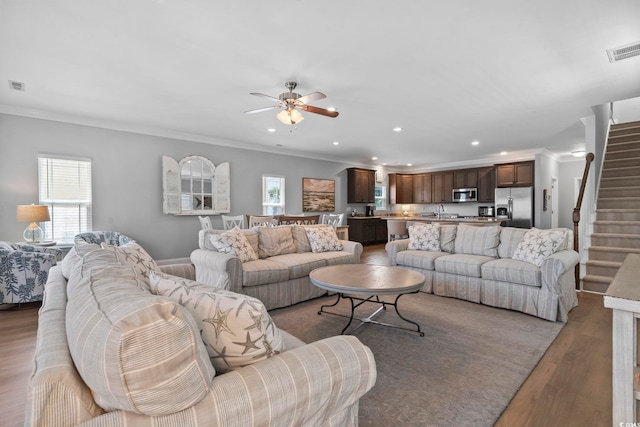 1514-B S Ocean Blvd, Surfside Beach, SC 29575 - living room with crown molding, stairway, light wood-type flooring, recessed lighting, and a ceiling fan