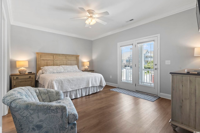 1514-B S Ocean Blvd, Surfside Beach, SC 29575 - bedroom featuring access to exterior, wood finished floors, crown molding, and ceiling fan