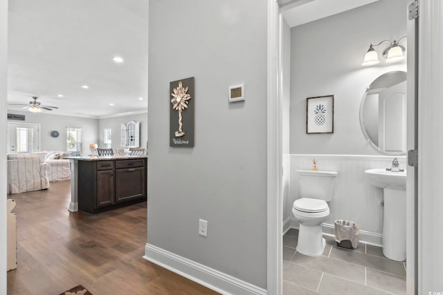 1514-B S Ocean Blvd, Surfside Beach, SC 29575 - bathroom featuring ceiling fan, wainscoting, recessed lighting, ensuite bathroom, and ornamental molding