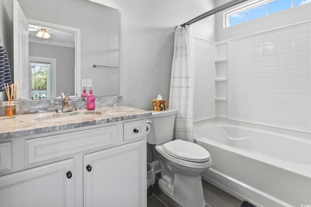 1514-B S Ocean Blvd, Surfside Beach, SC 29575 - bathroom with vanity, shower / bath combination with curtain, and a ceiling fan