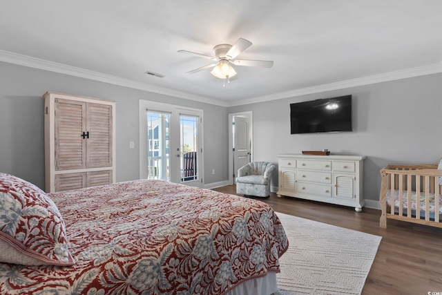 1514-B S Ocean Blvd, Surfside Beach, SC 29575 - bedroom featuring access to outside, crown molding, dark wood-style floors, and a ceiling fan