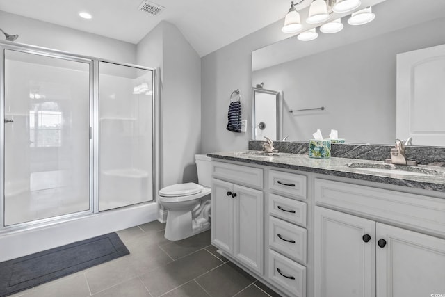 1514-B S Ocean Blvd, Surfside Beach, SC 29575 - bathroom featuring a stall shower, double vanity, tile patterned floors, a chandelier, and recessed lighting