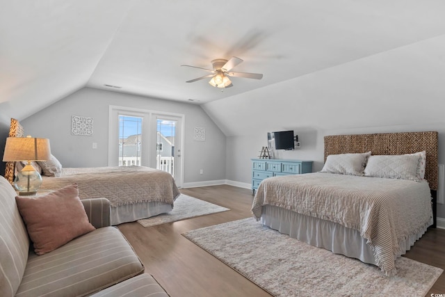 1514-B S Ocean Blvd, Surfside Beach, SC 29575 - bedroom with access to outside, vaulted ceiling, wood finished floors, and a ceiling fan