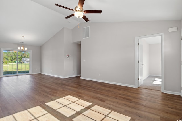 133 Cooper Ln, Georgetown, SC 29440 - unfurnished living room featuring a chandelier, a ceiling fan, wood finished floors, and high vaulted ceiling