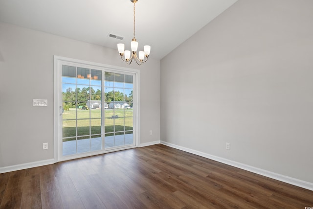 133 Cooper Ln, Georgetown, SC 29440 - unfurnished room with a chandelier, dark wood-style flooring, and vaulted ceiling