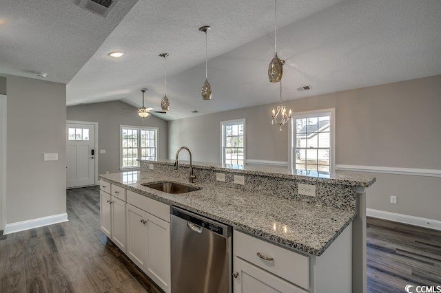 5087 Marigold Rd, Conway, SC 29527 - kitchen featuring dishwasher, a textured ceiling, dark wood-type flooring, vaulted ceiling, and white cabinets