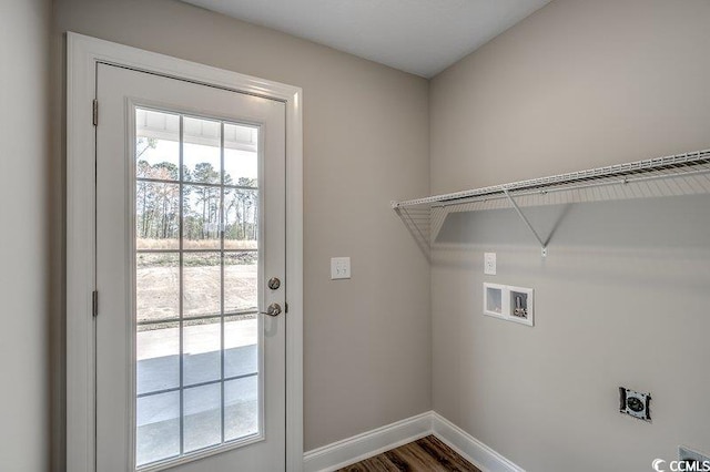 5087 Marigold Rd, Conway, SC 29527 - laundry area with hookup for an electric dryer, plenty of natural light, hookup for a washing machine, and wood finished floors