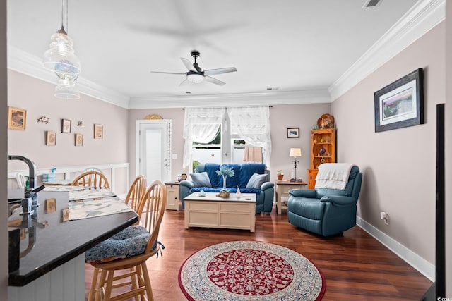 190 Olde Towne Way Unit 3, Myrtle Beach, SC 29588 - living area featuring crown molding, ceiling fan, and dark wood-style flooring