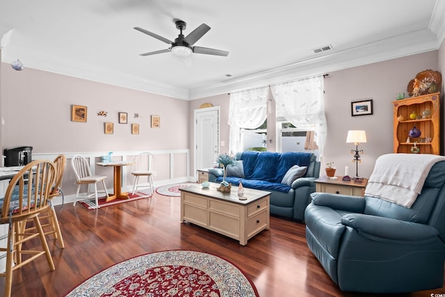 190 Olde Towne Way Unit 3, Myrtle Beach, SC 29588 - living room with crown molding, ceiling fan, and dark wood-style floors