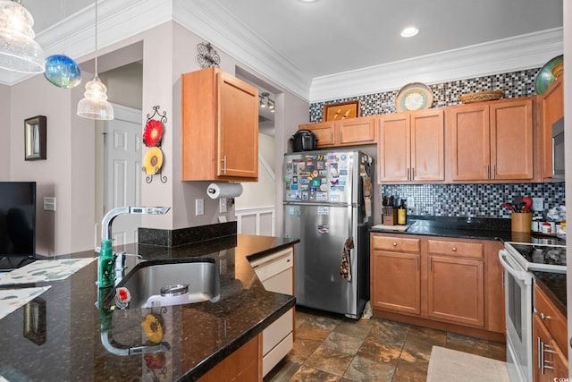 190 Olde Towne Way Unit 3, Myrtle Beach, SC 29588 - kitchen featuring freestanding refrigerator, white range with electric stovetop, crown molding, backsplash, and dark stone finish flooring