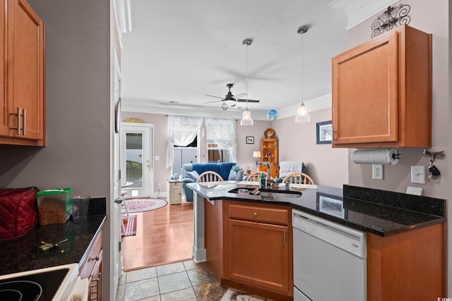 190 Olde Towne Way Unit 3, Myrtle Beach, SC 29588 - kitchen featuring dishwasher, open floor plan, crown molding, a ceiling fan, and dark stone countertops