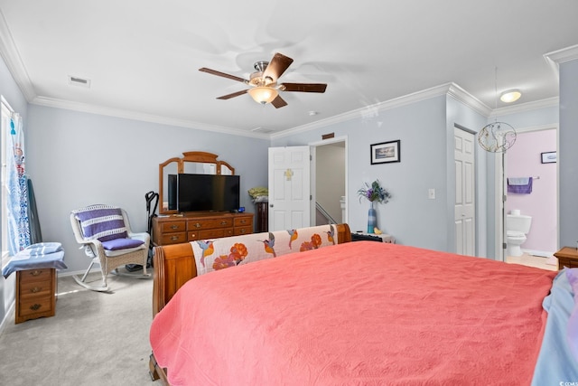 190 Olde Towne Way Unit 3, Myrtle Beach, SC 29588 - bedroom with ornamental molding, light colored carpet, a ceiling fan, connected bathroom, and attic access