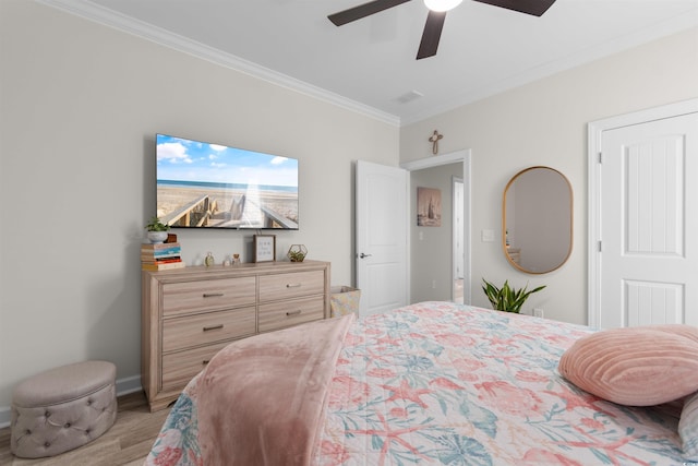 3382 Eversheen Dr, Little River, SC 29566 - bedroom with crown molding, light wood-type flooring, and ceiling fan