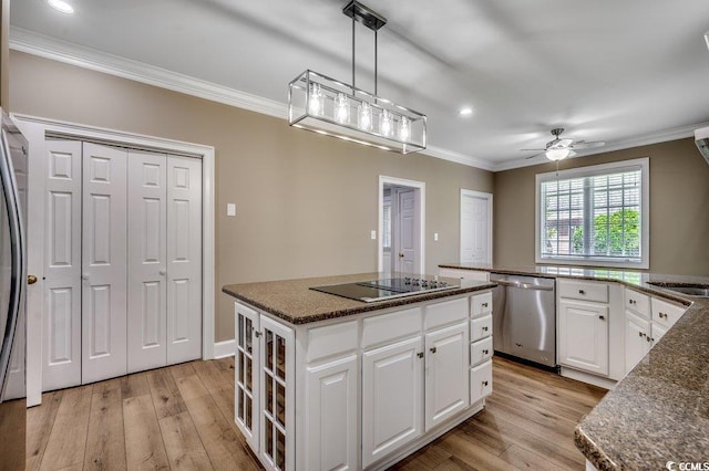 3535 Golf Ave, Little River, SC 29566 - kitchen featuring dishwasher, black electric stovetop, a center island, crown molding, and light wood-type flooring