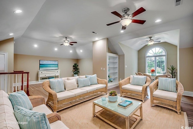 3535 Golf Ave, Little River, SC 29566 - living room featuring vaulted ceiling, ceiling fan, wood finished floors, and recessed lighting