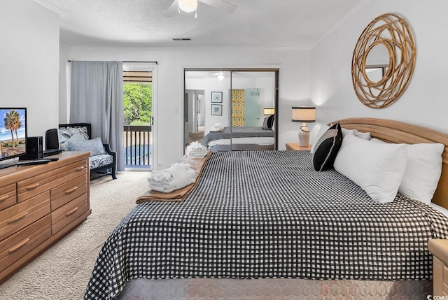 10200 Lake Shore Dr Unit 26, Myrtle Beach, SC 29572 - bedroom featuring access to outside, carpet flooring, a ceiling fan, and crown molding