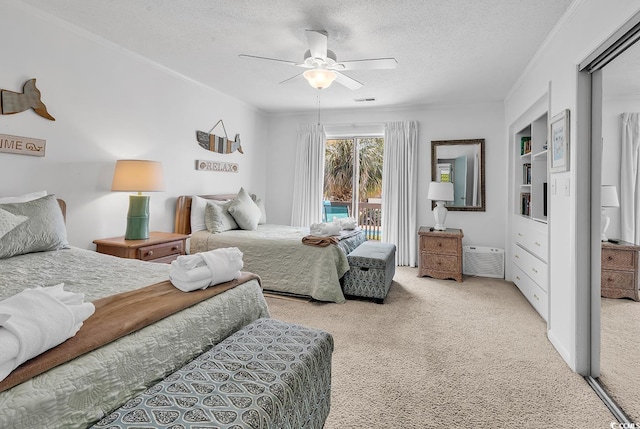 10200 Lake Shore Dr Unit 26, Myrtle Beach, SC 29572 - carpeted bedroom with access to exterior, a textured ceiling, ceiling fan, and crown molding