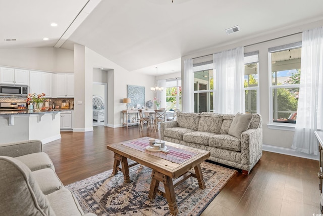 756 Culbertson Ave, Myrtle Beach, SC 29577 - living area featuring vaulted ceiling, dark wood-style flooring, a chandelier, and recessed lighting