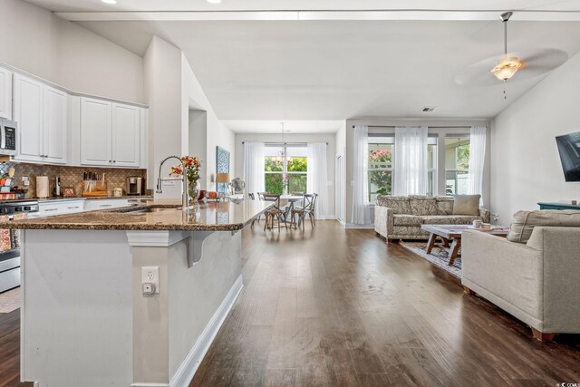 756 Culbertson Ave, Myrtle Beach, SC 29577 - kitchen featuring open floor plan, stainless steel appliances, dark wood finished floors, and dark stone counters