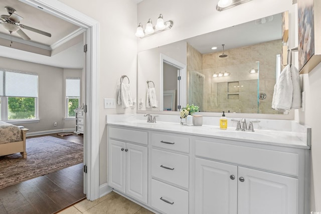 756 Culbertson Ave, Myrtle Beach, SC 29577 - full bath with double vanity, tiled shower, ensuite bathroom, a ceiling fan, and crown molding