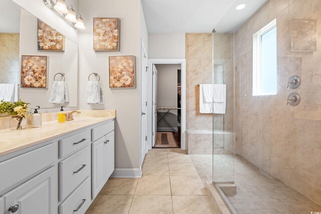 756 Culbertson Ave, Myrtle Beach, SC 29577 - full bathroom featuring double vanity, walk in shower, tile patterned floors, and a spacious closet