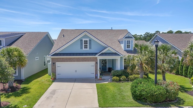 756 Culbertson Ave, Myrtle Beach, SC 29577 - view of front of property featuring concrete driveway, a front yard, a standing seam roof, brick siding, and roof with shingles