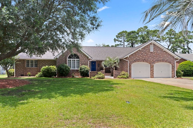 218 Lander Dr, Conway, SC 29526 - ranch-style home featuring a garage, brick siding, a front lawn, and concrete driveway