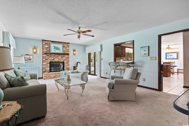 218 Lander Dr, Conway, SC 29526 - living area featuring a ceiling fan, light colored carpet, a textured ceiling, and a fireplace