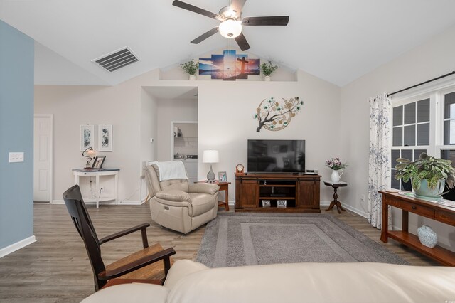 250 Ole Maple St, Loris, SC 29569 - living area with a ceiling fan, lofted ceiling, and wood finished floors
