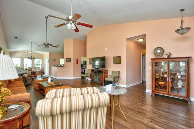 434 Deerfield Links Dr, Surfside Beach, SC 29575 - living area with a ceiling fan, high vaulted ceiling, and wood finished floors