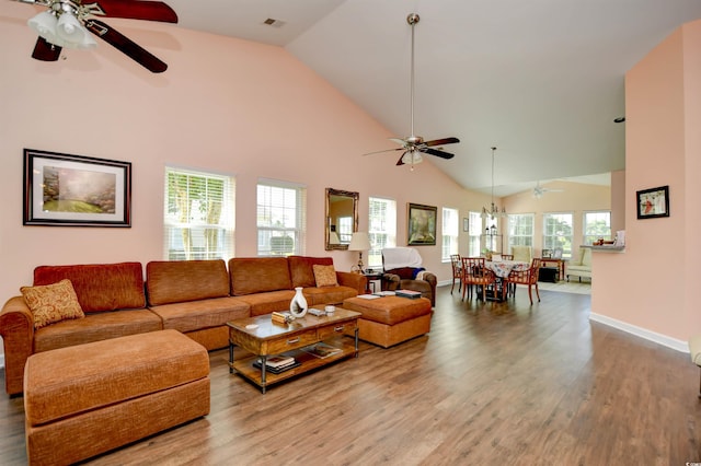 434 Deerfield Links Dr, Surfside Beach, SC 29575 - living room with ceiling fan, wood finished floors, and high vaulted ceiling