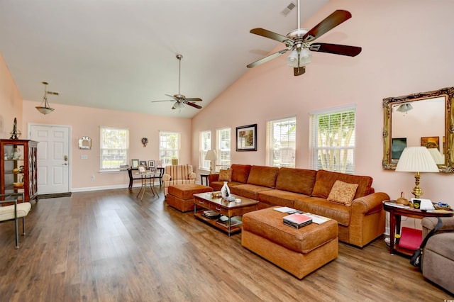 434 Deerfield Links Dr, Surfside Beach, SC 29575 - living area with ceiling fan, wood finished floors, and high vaulted ceiling