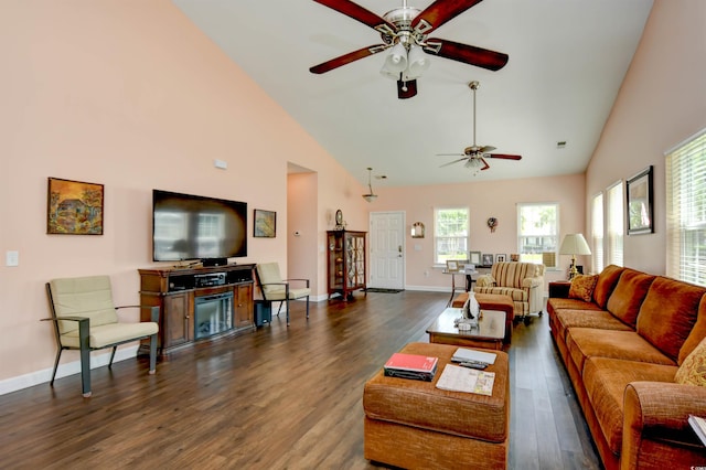 434 Deerfield Links Dr, Surfside Beach, SC 29575 - living room with a ceiling fan, high vaulted ceiling, and dark wood-type flooring