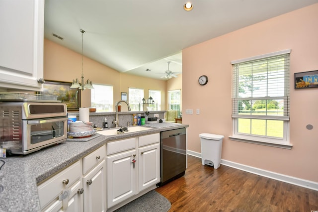 434 Deerfield Links Dr, Surfside Beach, SC 29575 - kitchen featuring dishwasher, a peninsula, white cabinetry, dark wood finished floors, and vaulted ceiling