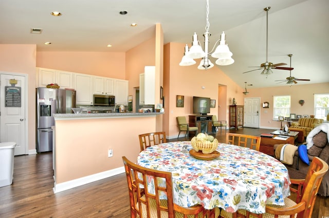 434 Deerfield Links Dr, Surfside Beach, SC 29575 - dining area with a ceiling fan, high vaulted ceiling, dark wood-type flooring, and recessed lighting