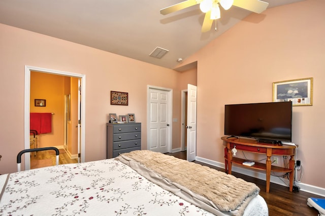 434 Deerfield Links Dr, Surfside Beach, SC 29575 - bedroom featuring dark wood finished floors, lofted ceiling, and ceiling fan