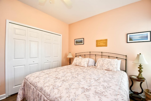 434 Deerfield Links Dr, Surfside Beach, SC 29575 - bedroom featuring a closet, dark wood-style flooring, and a ceiling fan