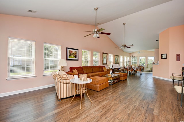 434 Deerfield Links Dr, Surfside Beach, SC 29575 - living area with wood finished floors, ceiling fan, and high vaulted ceiling