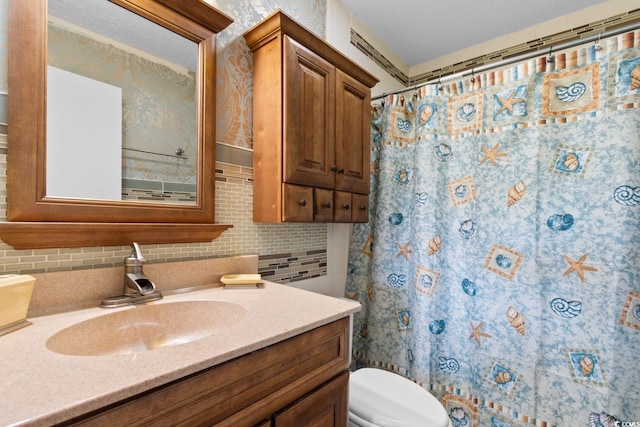 503 Plantation Dr, Surfside Beach, SC 29575 - full bathroom with vanity, tasteful backsplash, and a shower with shower curtain