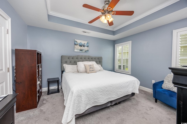 308 Millbrook Cir, Aynor, SC 29544 - bedroom with carpet floors, a tray ceiling, ornamental molding, and a ceiling fan