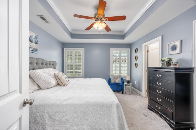 308 Millbrook Cir, Aynor, SC 29544 - bedroom with a tray ceiling, ornamental molding, light carpet, and ceiling fan