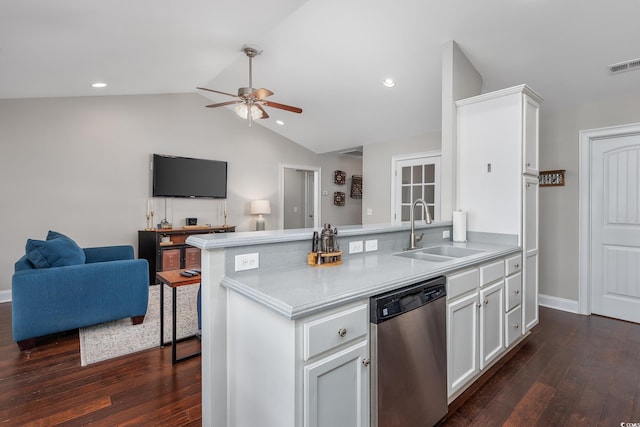 308 Millbrook Cir, Aynor, SC 29544 - kitchen with stainless steel dishwasher, open floor plan, a ceiling fan, dark wood finished floors, and white cabinetry