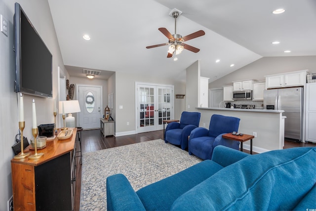 308 Millbrook Cir, Aynor, SC 29544 - living area featuring french doors, lofted ceiling, dark wood-type flooring, ceiling fan, and recessed lighting